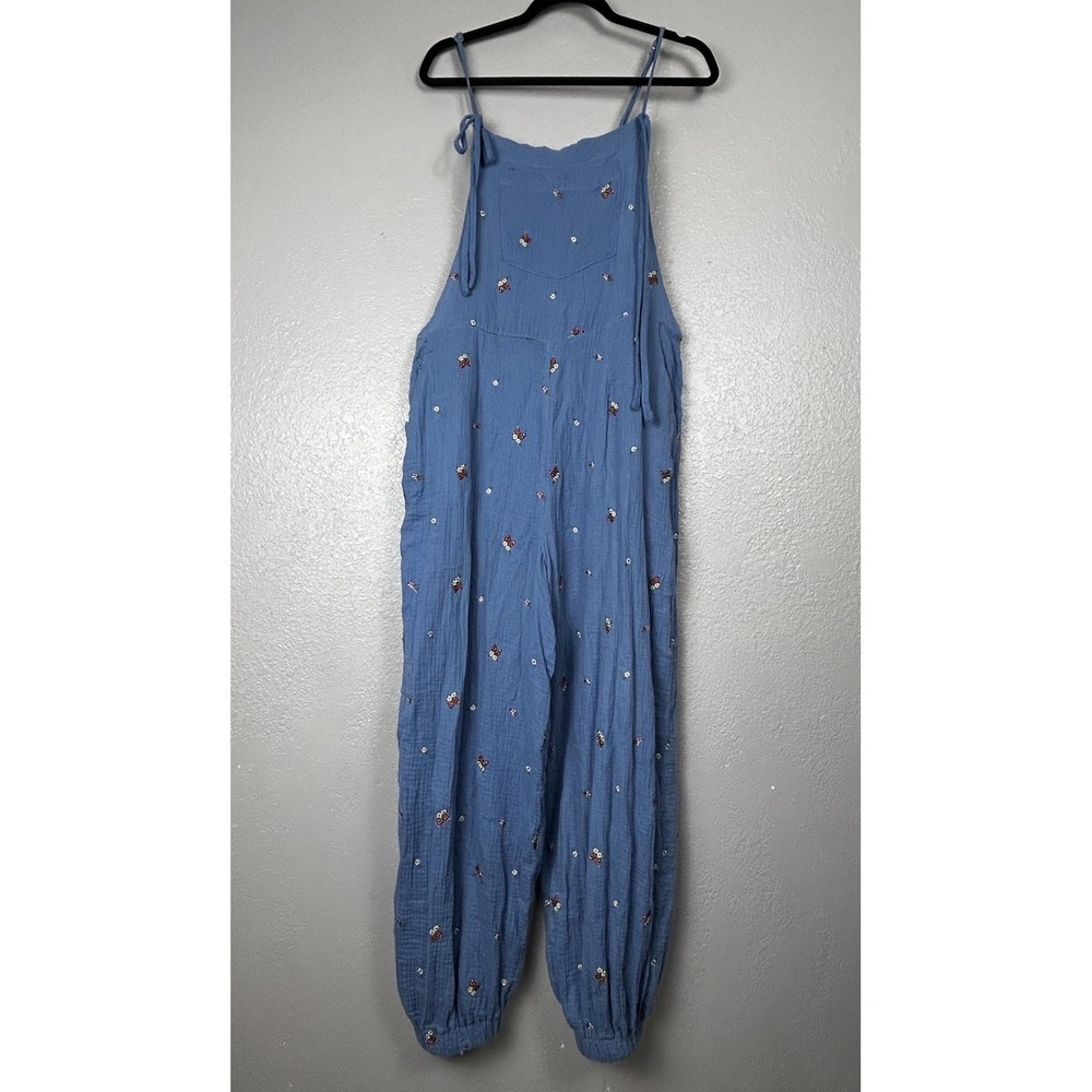 Cider 100% Cotton Blue Gauzy Overall Jumpsuit Floral Strawberry Whimsy Large